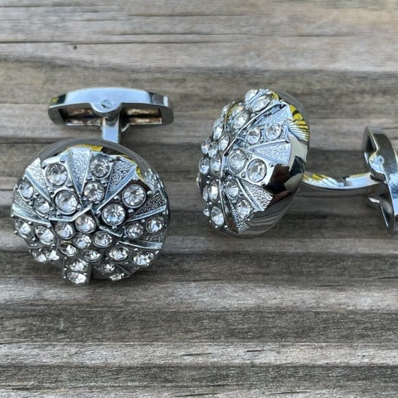 Cuff Links Men Shirt Crystal Accent Studd Cufflink Silver Tone Cuff link - Picture 5 of 12